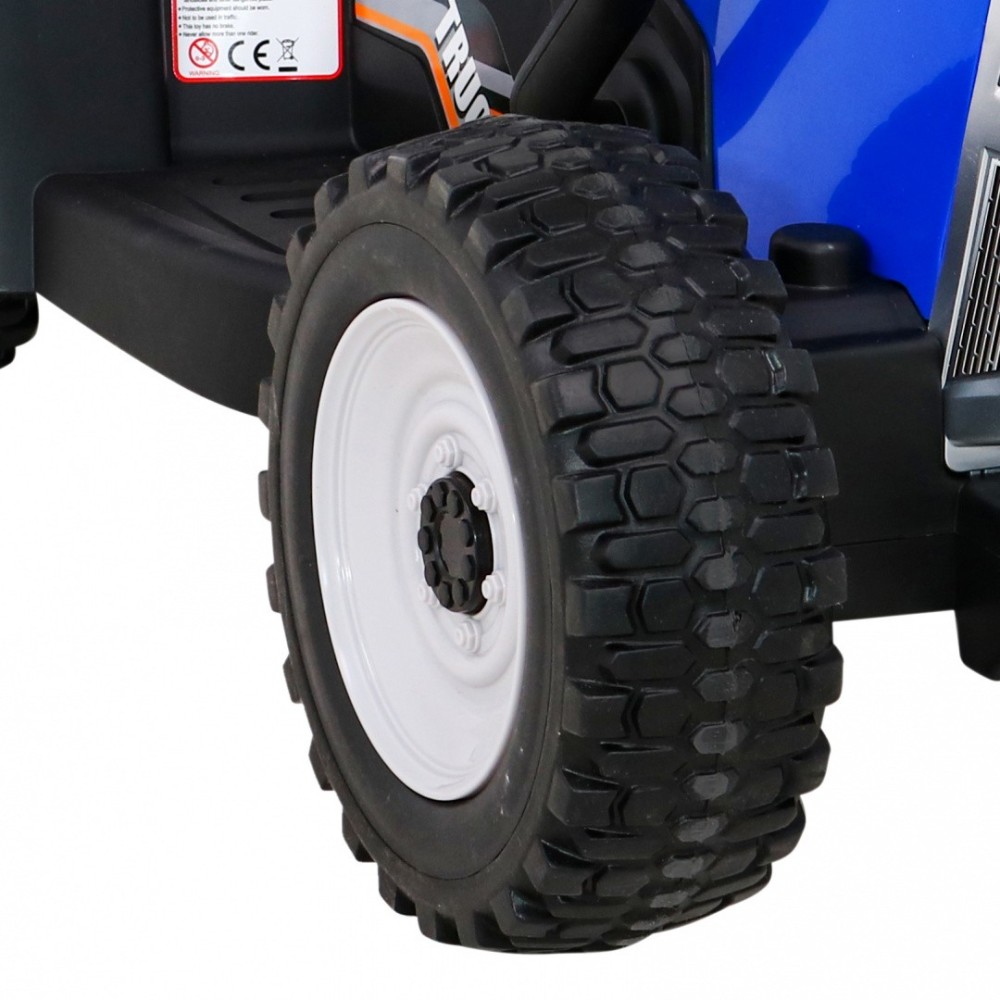 JOKO Elektrický traktor s vlečkou na drevo BLOW s diaľkovým ovládaním, penové kolesá, kožené sedadlo, Led svetlá, USB, MP3, modr