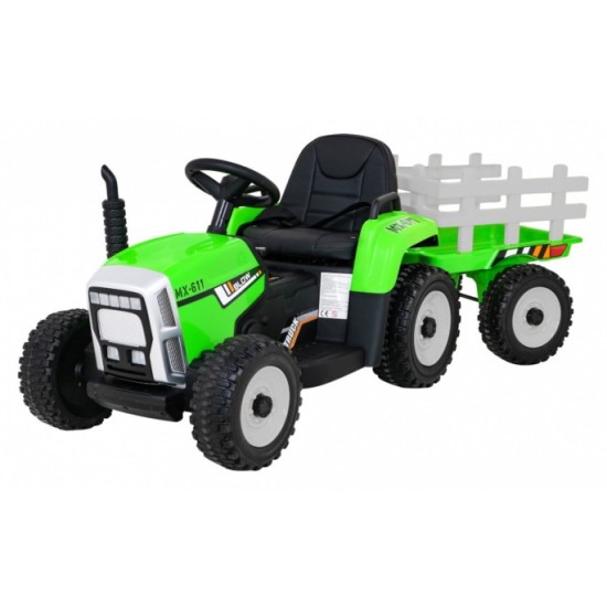 JOKO Elektrický traktor s vlečkou na drevo BLOW s diaľkovým ovládaním, penové kolesá, kožené sedadlo, Led svetlá, USB, MP3, zele
