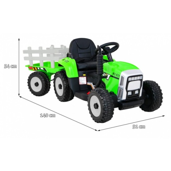 JOKO Elektrický traktor s vlečkou na drevo BLOW s diaľkovým ovládaním, penové kolesá, kožené sedadlo, Led svetlá, USB, MP3, zele