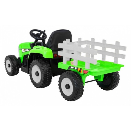 JOKO Elektrický traktor s vlečkou na drevo BLOW s diaľkovým ovládaním, penové kolesá, kožené sedadlo, Led svetlá, USB, MP3, zele