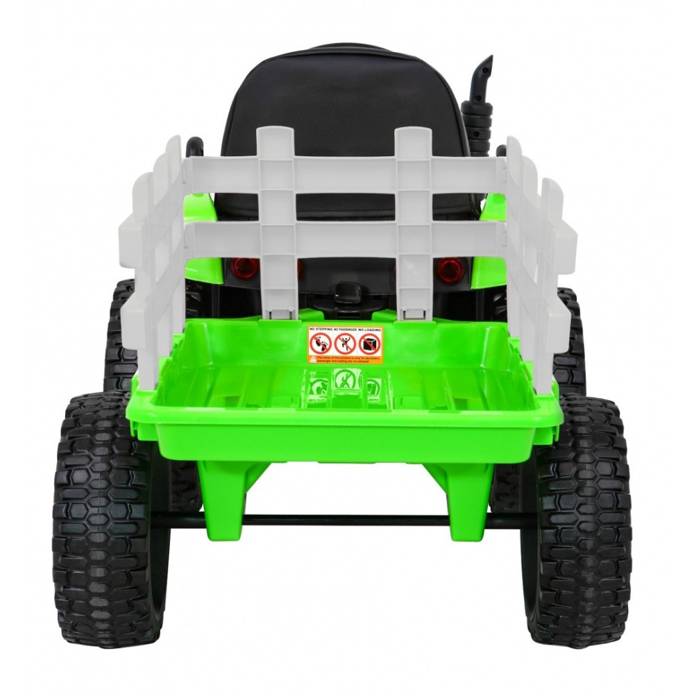 JOKO Elektrický traktor s vlečkou na drevo BLOW s diaľkovým ovládaním, penové kolesá, kožené sedadlo, Led svetlá, USB, MP3, zele