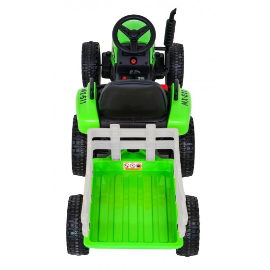 JOKO Elektrický traktor s vlečkou na drevo BLOW s diaľkovým ovládaním, penové kolesá, kožené sedadlo, Led svetlá, USB, MP3, zele