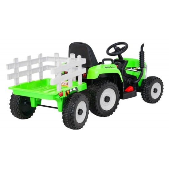 JOKO Elektrický traktor s vlečkou na drevo BLOW s diaľkovým ovládaním, penové kolesá, kožené sedadlo, Led svetlá, USB, MP3, zele