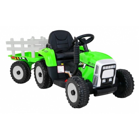 JOKO Elektrický traktor s vlečkou na drevo BLOW s diaľkovým ovládaním, penové kolesá, kožené sedadlo, Led svetlá, USB, MP3, zele