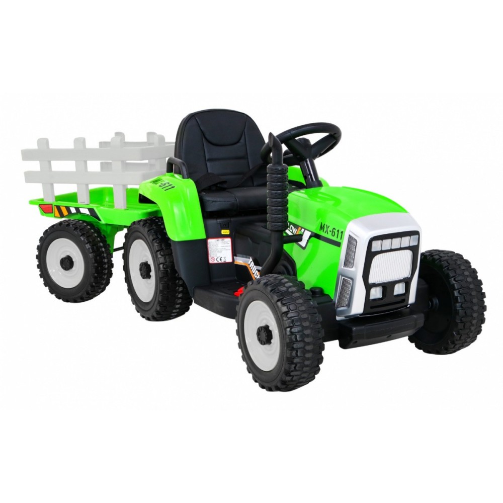 JOKO Elektrický traktor s vlečkou na drevo BLOW s diaľkovým ovládaním, penové kolesá, kožené sedadlo, Led svetlá, USB, MP3, zele