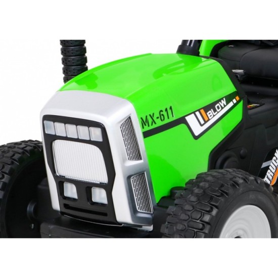 JOKO Elektrický traktor s vlečkou na drevo BLOW s diaľkovým ovládaním, penové kolesá, kožené sedadlo, Led svetlá, USB, MP3, zele