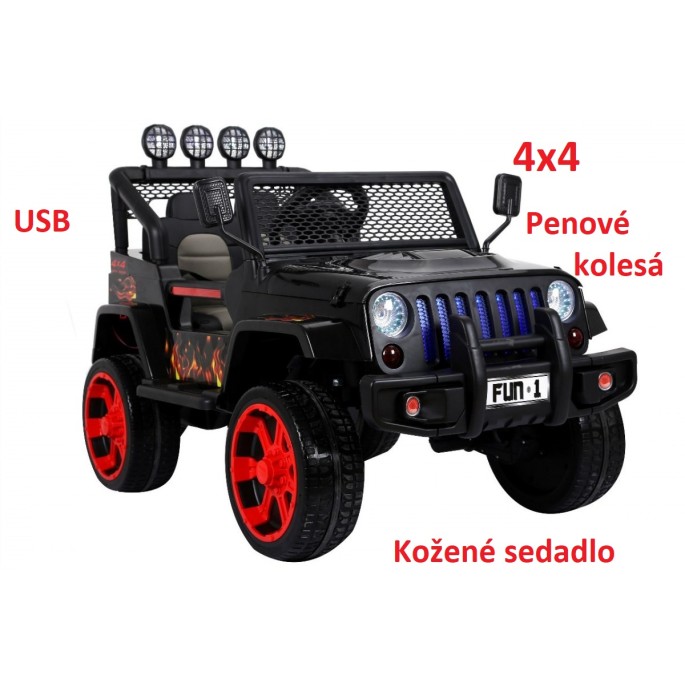 JOKO Elektrické autičko Jeep Raptor 4x4, penové kolesá, USB, FM rádio, kožené sedadlo, čierne s červenými kolesami