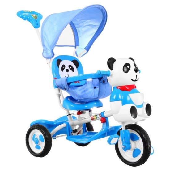 JOKO Detská trojkolka a hojdačka 2v1 Panda s vodiacou tyčou, modrá