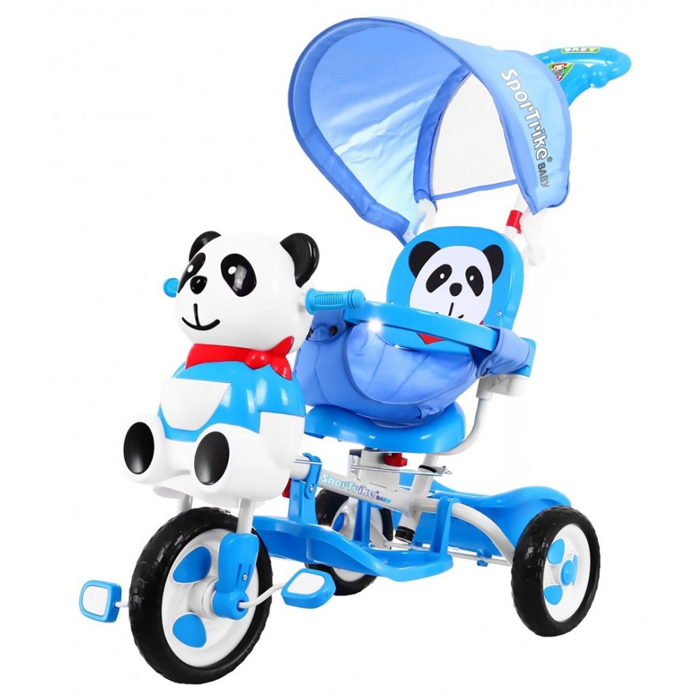 JOKO Detská trojkolka a hojdačka 2v1 Panda s vodiacou tyčou, modrá