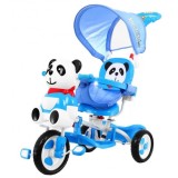 JOKO Detská trojkolka a hojdačka 2v1 Panda s vodiacou tyčou, modrá