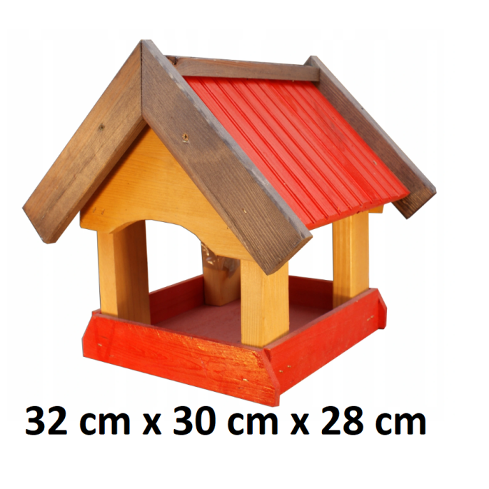 MKSTOR Drevené kŕmitko pre vtáky 32cmx30cmx28cm, vtáčia búdka, červená