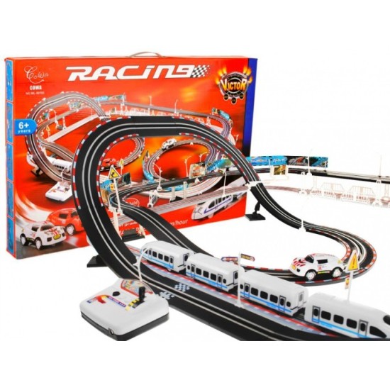 JOKO Vlaková súprava a Autodráha 2v1 Racetrack na diaľkové ovládanie + Vláčik, Vagóny a autá, rýchlosť 20km/h