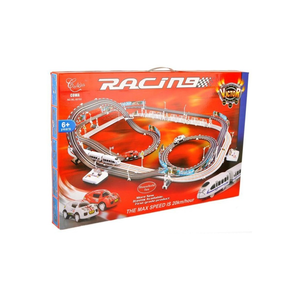 JOKO Vlaková súprava a Autodráha 2v1 Racetrack na diaľkové ovládanie + Vláčik, Vagóny a autá, rýchlosť 20km/h