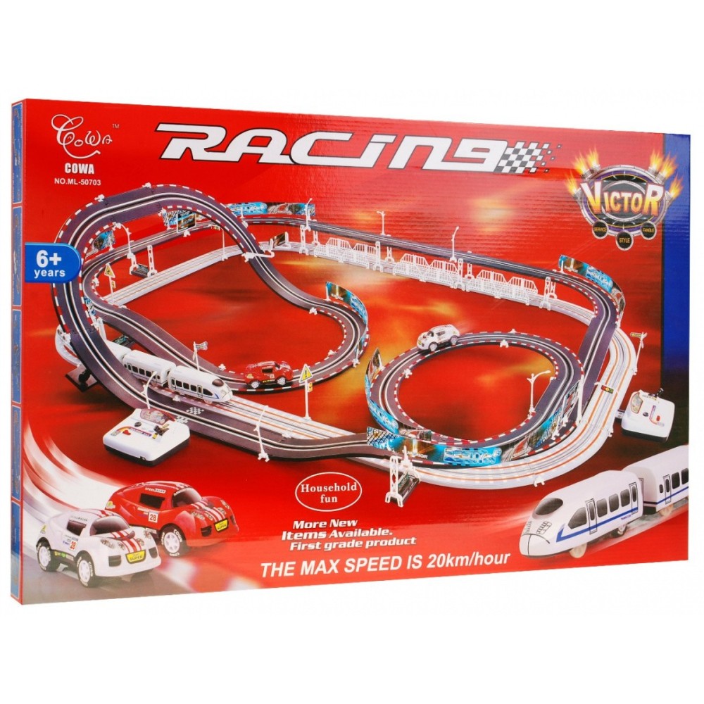 JOKO Vlaková súprava a Autodráha 2v1 Racetrack na diaľkové ovládanie + Vláčik, Vagóny a autá, rýchlosť 20km/h