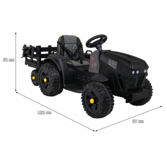 JOKO Elektrický Traktor s vlečkou, diaľkové ovládanie, penové kolesá, kožené sedadlo, Lopatka, čierny