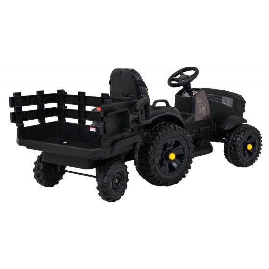 JOKO Elektrický Traktor s vlečkou, diaľkové ovládanie, penové kolesá, kožené sedadlo, Lopatka, čierny