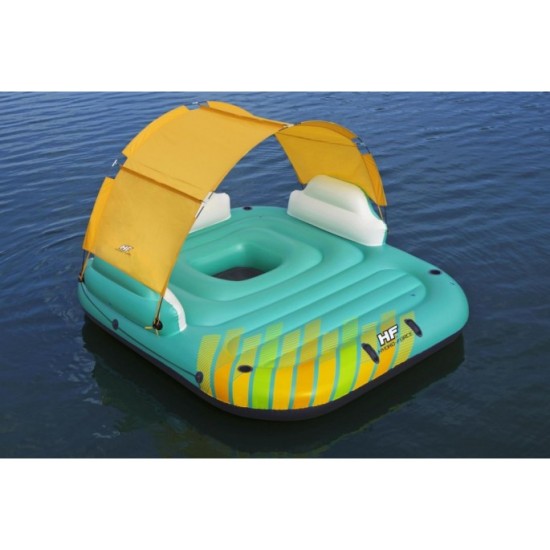 Bestway 43407 Nafukovací matrac pre 5 osôb, nafukovací plávajúci ostrov 291cm x 265cm + slnečná clona, strecha 