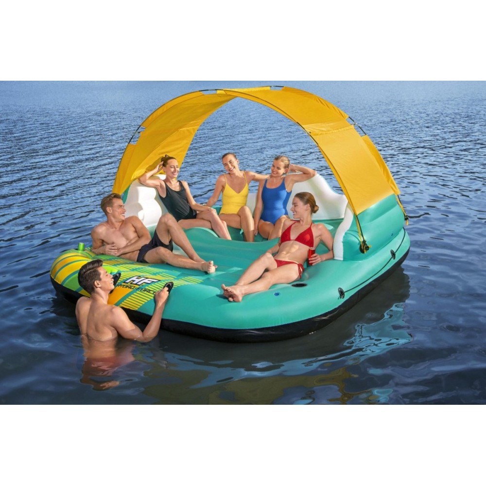 Bestway 43407 Nafukovací matrac pre 5 osôb, nafukovací plávajúci ostrov 291cm x 265cm + slnečná clona, strecha 