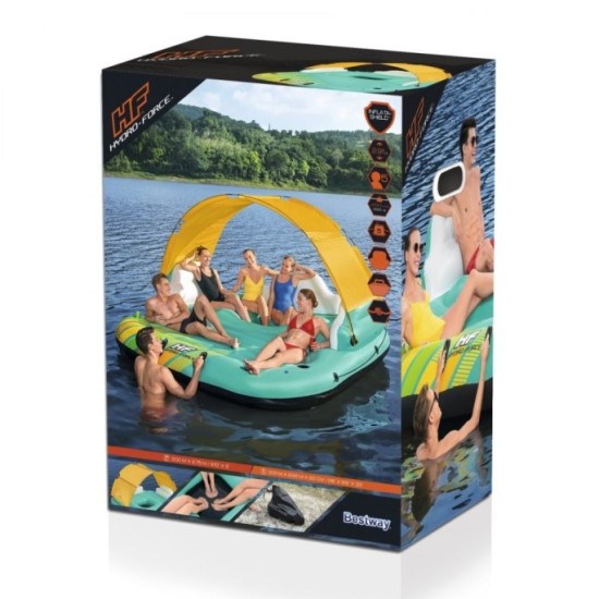 Bestway 43407 Nafukovací matrac pre 5 osôb, nafukovací plávajúci ostrov 291cm x 265cm + slnečná clona, strecha 