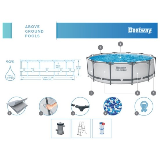Bestway 56418 bazén SteelPRO MAX s kovovou konštrukciou 366 cm x 100 cm + čerpadlo + rebrík