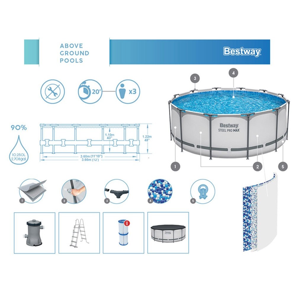 Bestway 56420 Bazén s Kovovou Konštrukciou 366x122cm s filtračným čerpadlom + rebrík, plachta na bazén 11v1