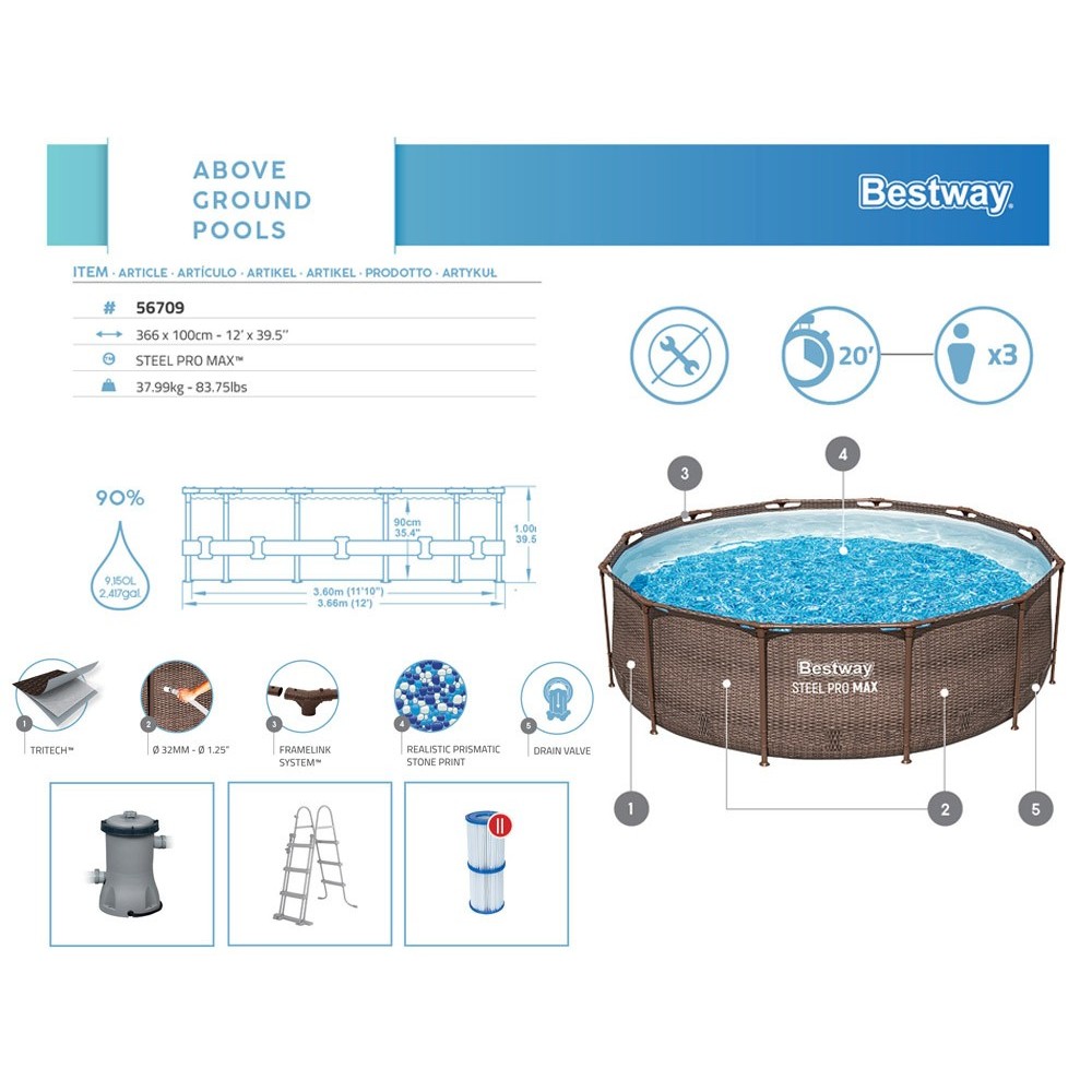 Bestway Bazén 56709 s kovovou konštrukciou Ratan Power Steel MAX™ Deluxe Series™ 366cm x 100cm
