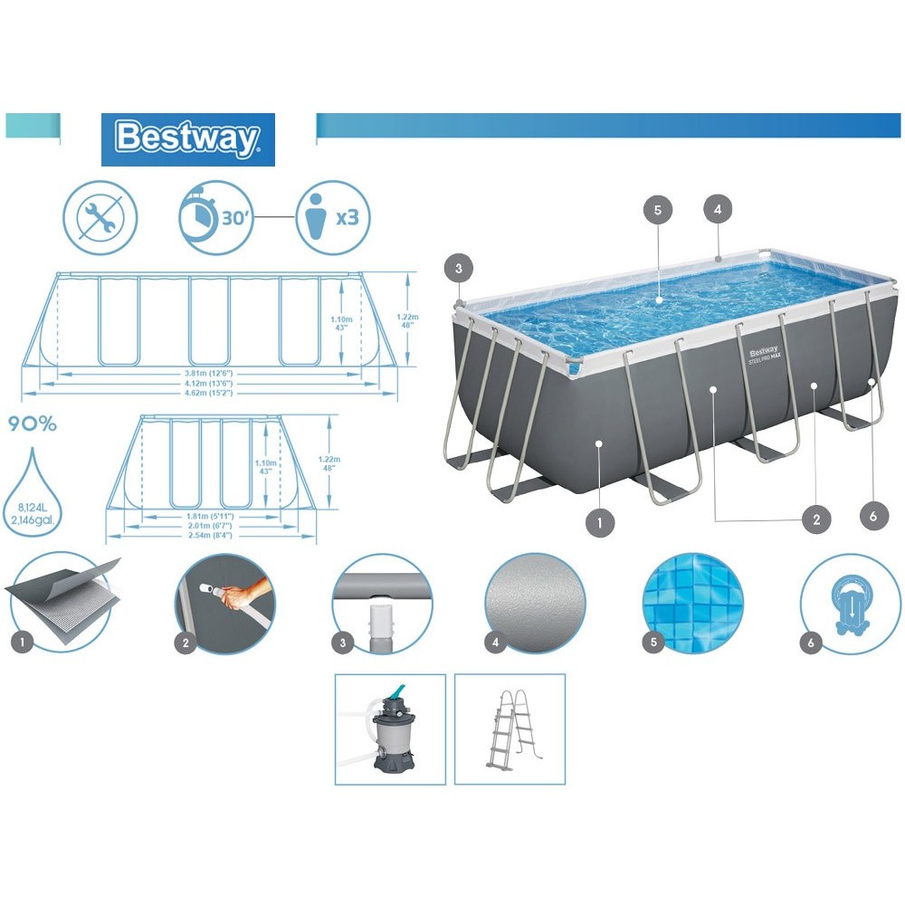 Bestway 56457 Bazén s kovovou konštrukciou POWER STEEL 412 cm x 201 cm x 122 cm + piesková filtrácia + rebrík