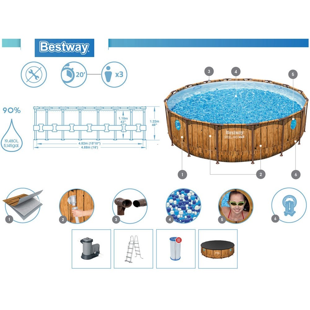 BESTWAY 56725 Bazén s kovovou konštrukciou Power Steel Swim Vista 7v1 488 cm x 122 cm + Filtračné čerpadlo + Rebrík + Plachta, i