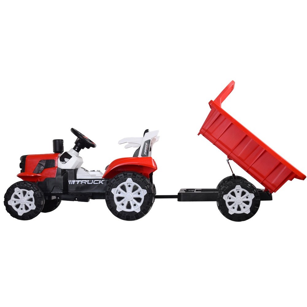 JOKO Elektrický traktor s vyklápacou vlečkou, MP3, USB, diaľkové ovládanie, červený