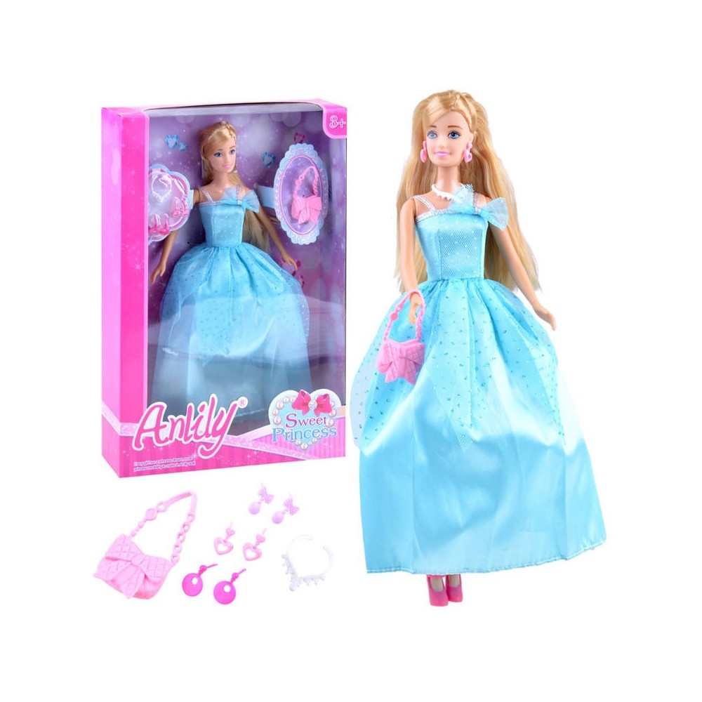 Anlily Bábika Princezná, plesové šaty, náušnice, modrá