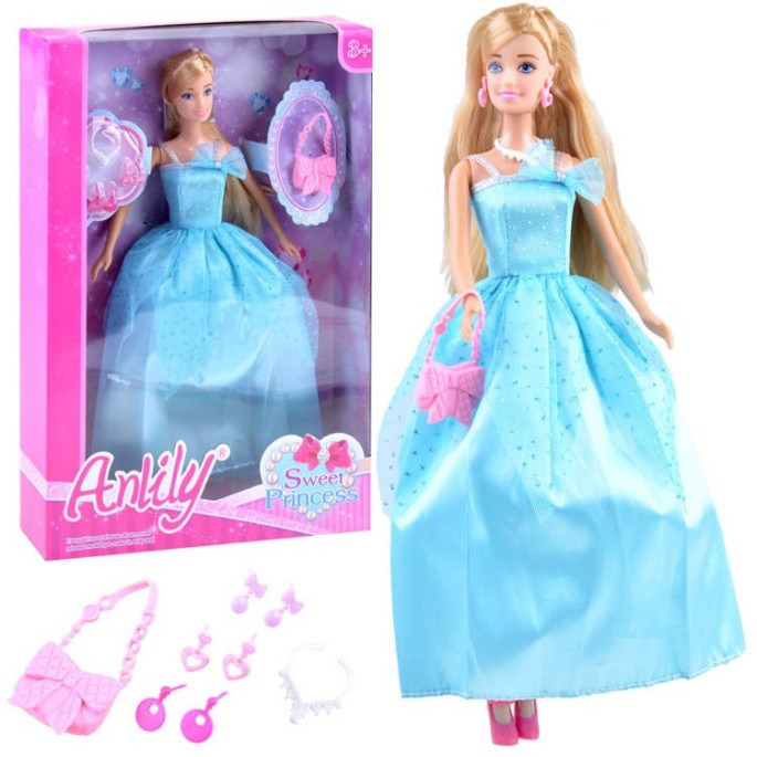 Anlily Bábika Princezná, plesové šaty, náušnice, modrá