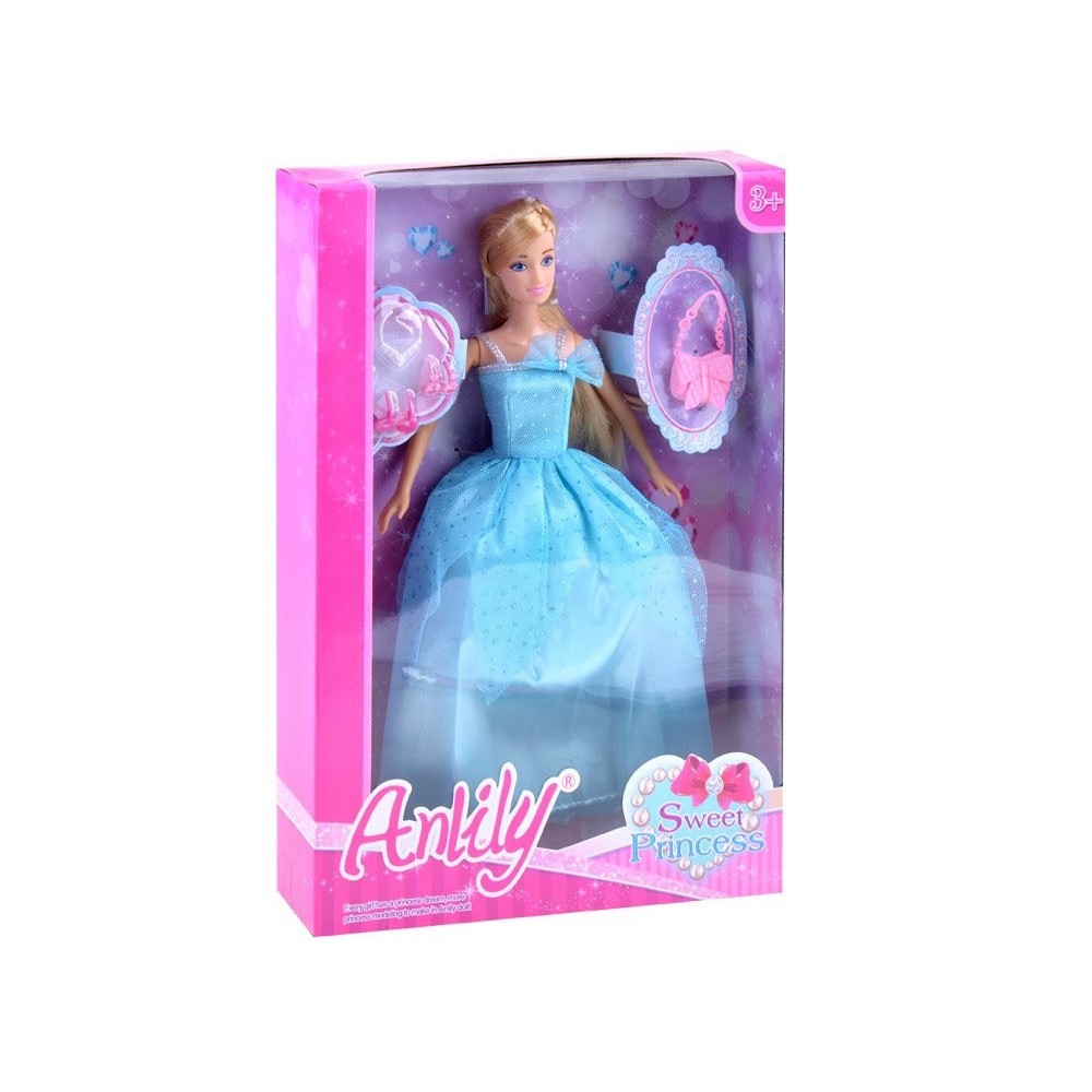 Anlily Bábika Princezná, plesové šaty, náušnice, modrá