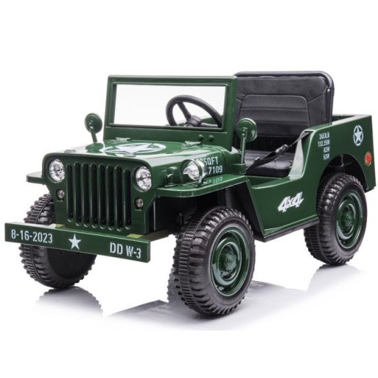 JOKO Elektrické autíčko Vojenský Jeep Willys, kožené sedadlo, penové kolesá, čierne