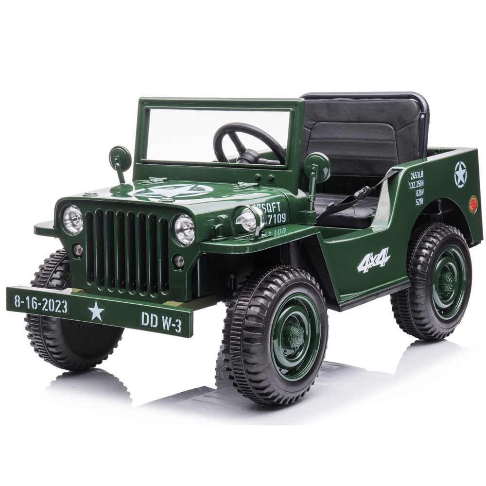 JOKO Elektrické autíčko Vojenský Jeep Willys, kožené sedadlo, penové kolesá, čierne