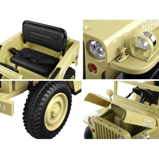 JOKO Elektrické autíčko Vojenský Jeep Willys, kožené sedadlo, penové kolesá, čierne