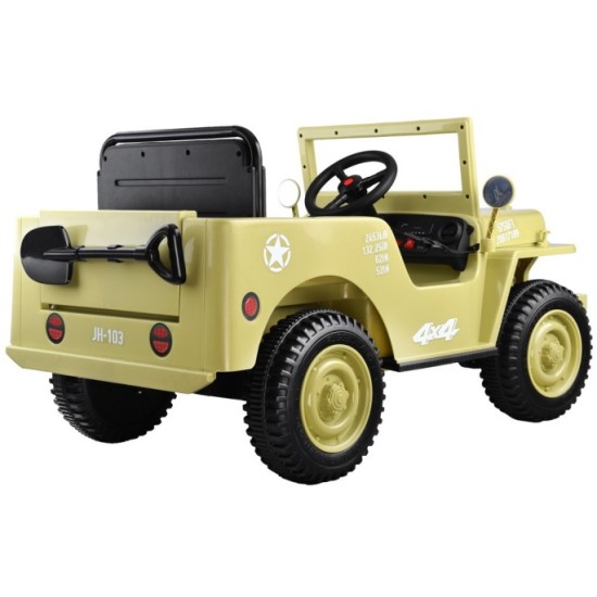 JOKO Elektrické autíčko Vojenský Jeep Willys, kožené sedadlo, penové kolesá, čierne