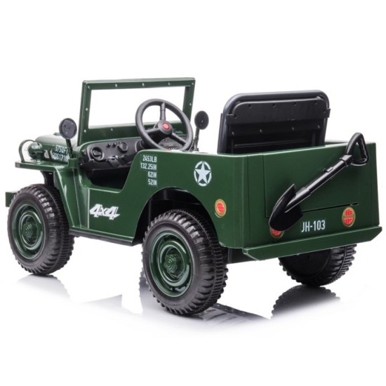 JOKO Elektrické autíčko Vojenský Jeep Willys, kožené sedadlo, penové kolesá, tmavo zelené
