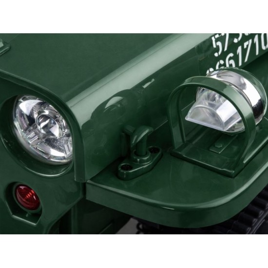 JOKO Elektrické autíčko Vojenský Jeep Willys, kožené sedadlo, penové kolesá, tmavo zelené