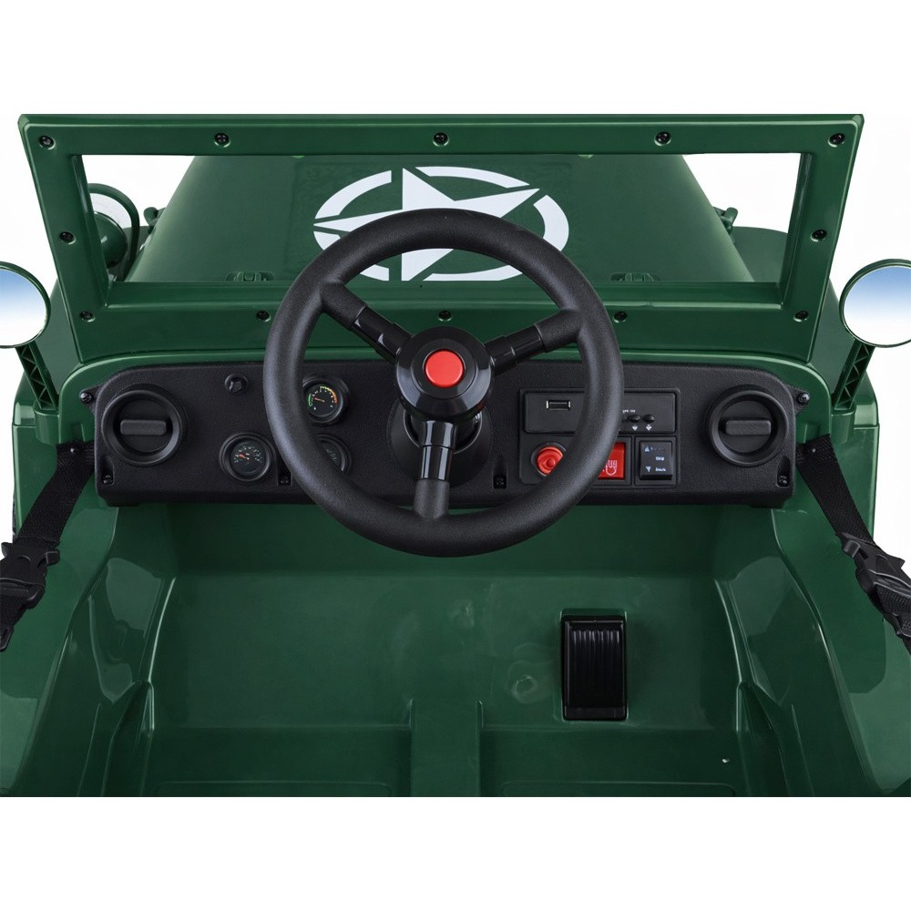 JOKO Elektrické autíčko Vojenský Jeep Willys, kožené sedadlo, penové kolesá, tmavo zelené