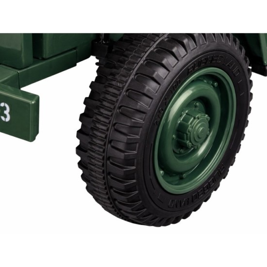 JOKO Elektrické autíčko Vojenský Jeep Willys, kožené sedadlo, penové kolesá, tmavo zelené