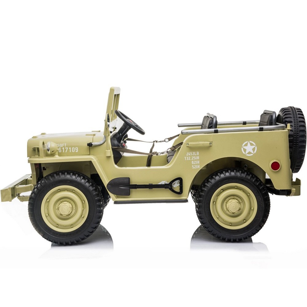 JOKO Elektrické autíčko Vojenský Jeep 4x4, trojmiestny, penové kolesá, kožené sedadlo + lopata, hnedý