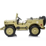JOKO Elektrické autíčko Vojenský Jeep 4x4, trojmiestny, penové kolesá, kožené sedadlo + lopata, hnedý