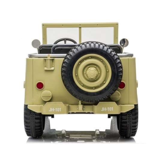 JOKO Elektrické autíčko Vojenský Jeep 4x4, trojmiestny, penové kolesá, kožené sedadlo + lopata, hnedý