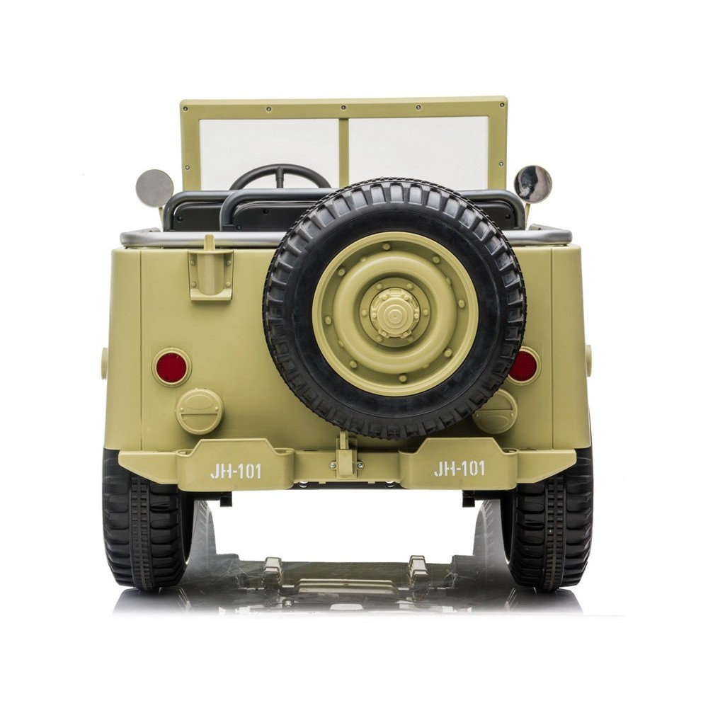 JOKO Elektrické autíčko Vojenský Jeep 4x4, trojmiestny, penové kolesá, kožené sedadlo + lopata, hnedý