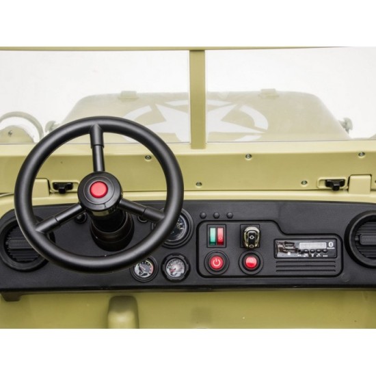 JOKO Elektrické autíčko Vojenský Jeep 4x4, trojmiestny, penové kolesá, kožené sedadlo + lopata, hnedý