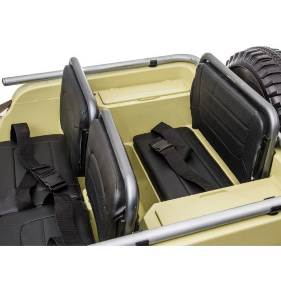 JOKO Elektrické autíčko Vojenský Jeep 4x4, trojmiestny, penové kolesá, kožené sedadlo + lopata, hnedý