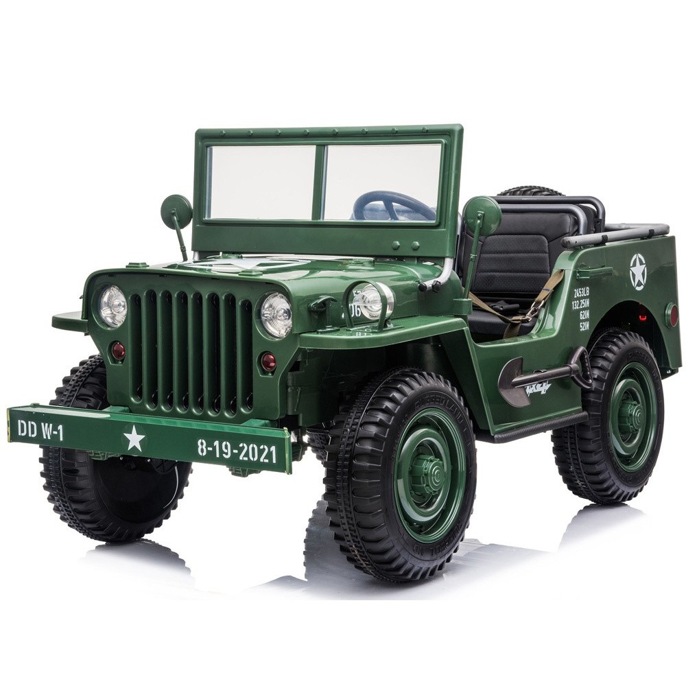 JOKO Elektrické autíčko Vojenský Jeep 4x4, trojmiestny, penové kolesá, kožené sedadlo + lopata, zelené