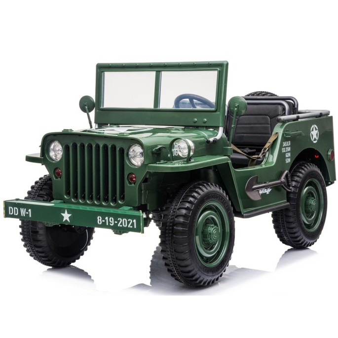 JOKO Elektrické autíčko Vojenský Jeep 4x4, trojmiestny, penové kolesá, kožené sedadlo + lopata, zelené
