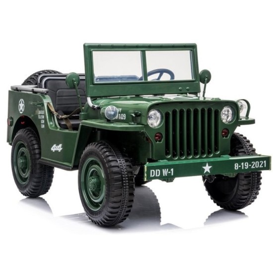 JOKO Elektrické autíčko Vojenský Jeep 4x4, trojmiestny, penové kolesá, kožené sedadlo + lopata, zelené