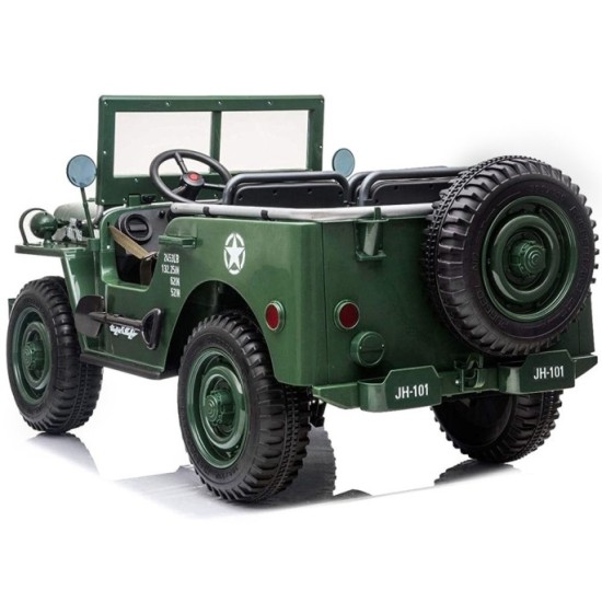 JOKO Elektrické autíčko Vojenský Jeep 4x4, trojmiestny, penové kolesá, kožené sedadlo + lopata, zelené